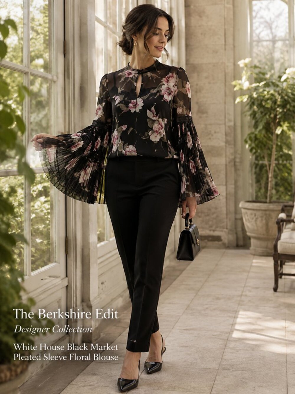 WHBM Black Floral Chiffon Blouse Pleated Bell Sleeve Lace Trim XXS